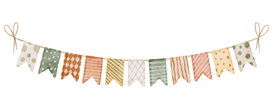 波西米亚风格的三角旗水彩插画。为新生儿派对邀请函或庆祝贺卡绘制的带有橙色和黄色旗帜的花环。适合婴儿设计的节日串饰艺术。