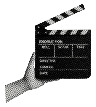 用于混合媒体设计的带有电影场记板的手的孤立复古半色调脏污点状抠图拼贴元素