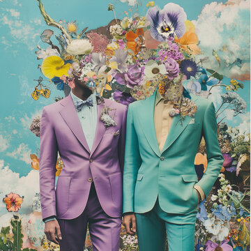 一幅画着两个身着紫色西装的男子的肖像画，他们的脸部位置各有一大束鲜花，象征着他们之间浪漫的举动和情感联系。