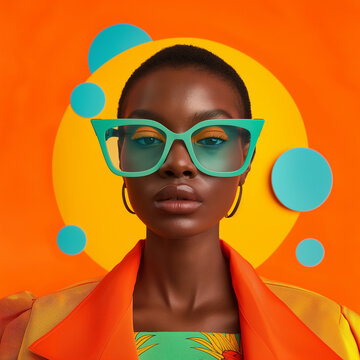 一位时尚的非裔美国女孩戴着太阳镜，身着鲜艳的黄色和橙色服饰，散发着夏日活力与自信，尽显大胆、阳光的时尚精髓。