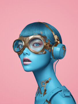 一位身着未来主义服饰、拥有引人注目的蓝色头发的年轻女子，完美融合了现代时尚与创新风格。