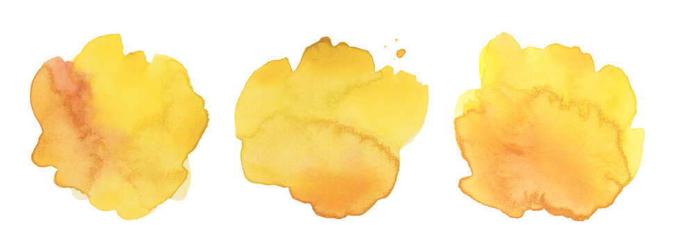 黄色、橙色墨水水彩手绘墨滴污渍画。白色背景上孤立的湿润质感污渍组图。