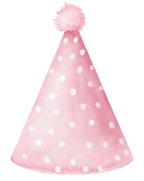 透明背景上带绒球的水彩粉色波点生日派对帽