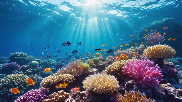 多彩的珊瑚礁在清澈湛蓝的海水下，阳光透过海面照射进来，周围是各种各样的热带鱼在充满活力和繁荣的海洋生态系统中平静地游动。