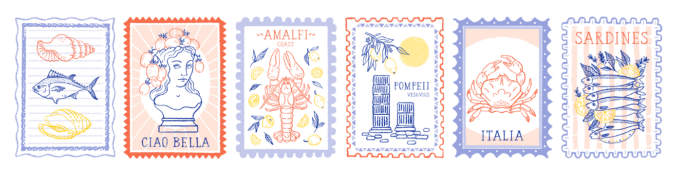 意大利夏日邮票、阿马尔菲柠檬海滩复古明信片、夏日海洋插画矢量设计、意大利阿马尔菲海滩、邮票图案、复古意大利海滨度假、柠檬龙虾番茄柱式边框背景