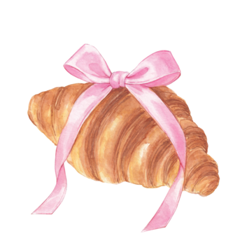 带粉色蝴蝶结的水彩风少女心可颂，法式糕点