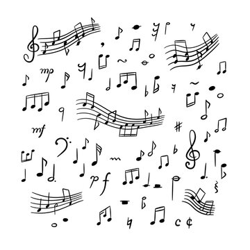 Hand drawn cute line doodle music notes and signs set. Crayon scribble background. Handwriting sketch vector illustration. Melody sound symbols. Whimsical chalk childish pattern