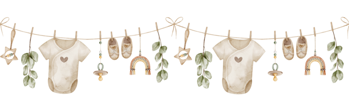 带有婴儿连体衣、安抚奶嘴、鞋子、彩虹和挂在晾衣绳上的桉树枝的童趣边框水彩插画。用于宝宝派对贺卡或新生儿邀请函的绘图。