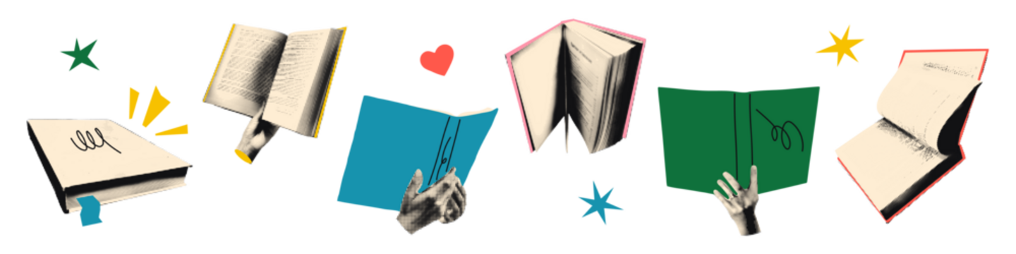 Halftone hands holding open books art collage cut outs set. Reading together, book exchange, crossing, swapping, education and study concept. Modern retro vector illustration for mixed media design