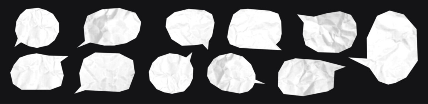 从皱巴巴的纸张中剪出的白色对话气泡时尚元素集。带网点半色调的社交媒体剪贴画，用于混合媒体设计的现代复古矢量插画，孤立在黑色背景上