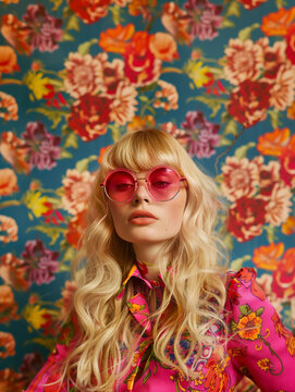 一位年轻、美丽、优雅的金发女孩身着花卉图案服装摆姿势，将70年代风格与现代时尚相融合，还戴着时尚的太阳镜。