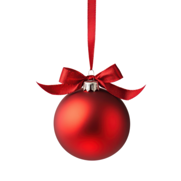 有红色挂带和蝴蝶结的亮红色圣诞装饰球，孤立在白色背景上，象征节日装饰