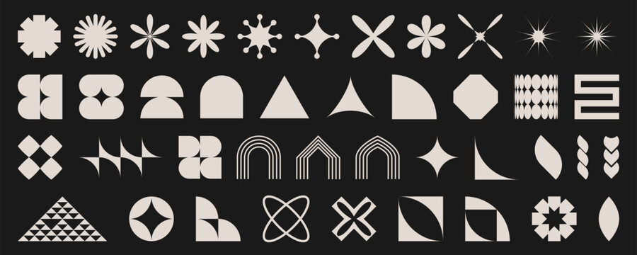 粗野主义风格的极简几何形状集合：含星星、曲线、三角形及简约形态的抽象设计元素，现代图形图案，单色符号与装饰纹样