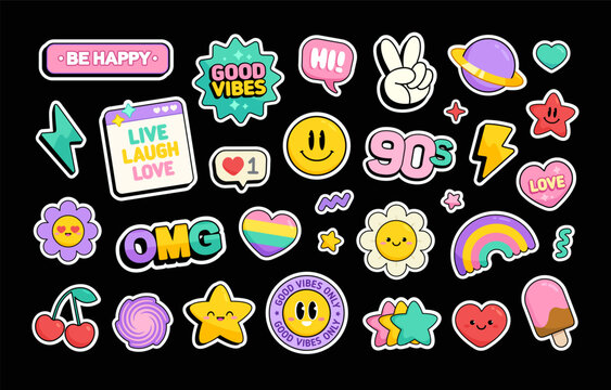 时尚的 90 年代时髦艺术风格可爱复古贴纸集。复古卡哇伊图标集合。可爱装饰元素包括：微笑、开心表情、彩虹、花朵、爱心、励志文字标识