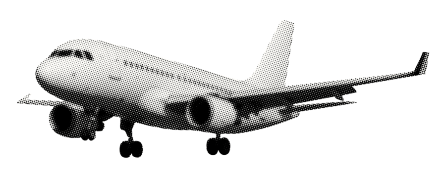 飞行中的飞机，起落架放下，孤立的半色调复古网点纹理抠图，用于混合媒体设计的复古拼贴元素