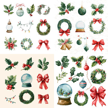 喜庆的水彩圣诞元素，包含冬青叶、花环、雪花球、丝带与装饰品，以节日主题排列