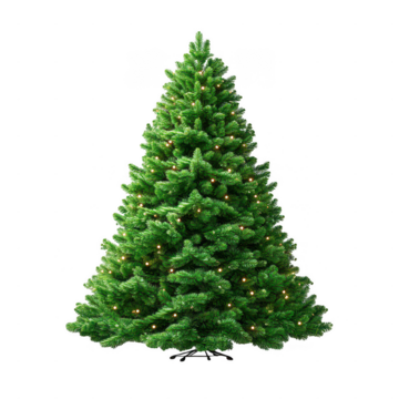 装饰精美的绿色圣诞树，带有温暖灯光，孤立在透明背景上