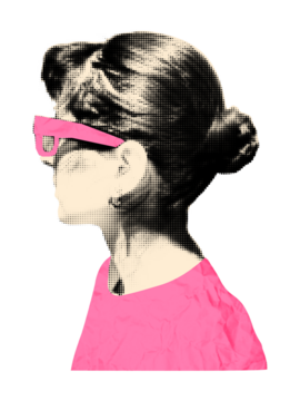 时尚半色调艺术拼贴剪纸元素。侧面视角女性，戴粉色眼镜、穿粉色衬衫的剪纸。带复古点状纹理的贴纸。现代复古混合媒介矢量插画