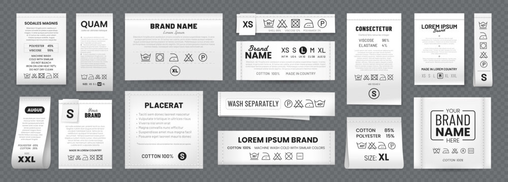 逼真的洗衣标签：含洗涤、干燥、清洁及熨烫说明、品牌名称与尺码、缝线及织带的白色织物吊牌与护理符号矢量3D样机——服装洗衣标签套装