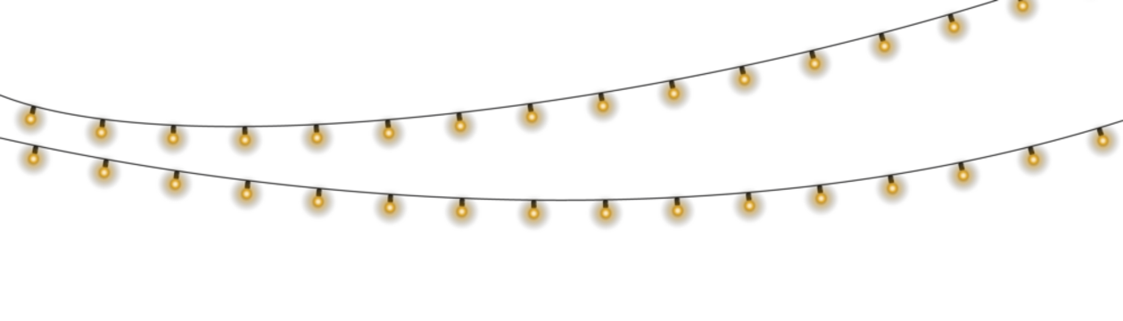 闪烁的仙女灯串散发柔和琥珀光，金色花环缠绕节日角落，暖光灯泡悬于庆典线缆，节日光彩点亮幽暗场景
