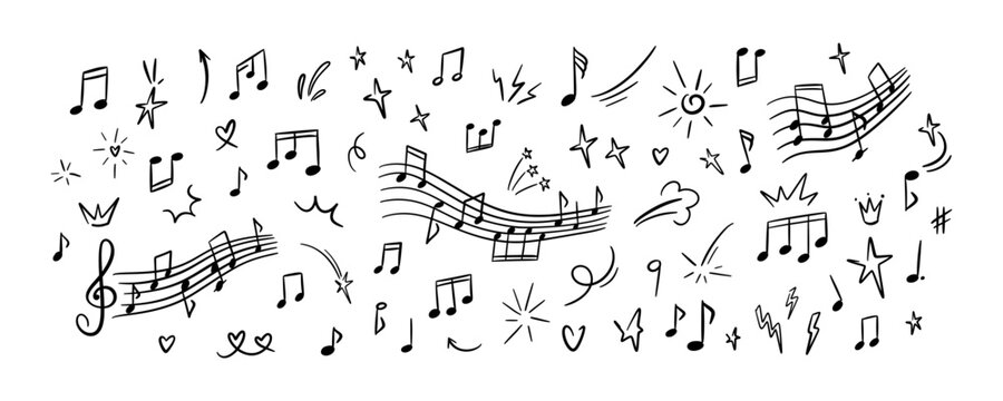 Set of hand drawn doodle music notes. Handwriting crayon scribble. Musical symbols sketch. Childish melody background. Whimsical chalk kid pattern. Classic concert poster design