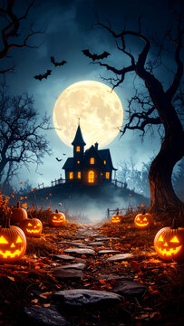 翻译标题：带有南瓜和鬼屋的万圣节背景。阴森的暗夜森林。节日活动万圣节横幅背景。