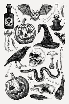 万圣节海报设计模板。复古墙绘艺术。用于印刷的矢量手绘插画。非人工智能生成