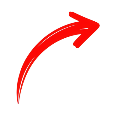 亮红色带银色轮廓的弯曲箭头，孤立在透明背景上，红色箭头，指示箭头