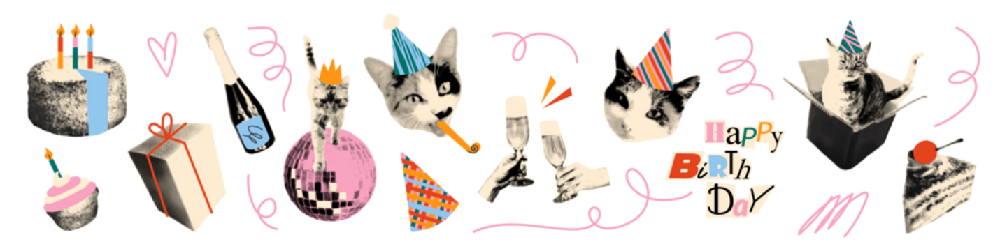 生日快乐半色调艺术拼贴剪纸套装。带有复古点状纹理与涂鸦的趣味贴纸，含戴派对帽的猫咪、香槟、干杯、蛋糕等元素，现代复古混合媒介矢量插画