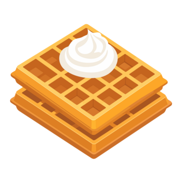 翻译标题：一叠两块金黄色的比利时华夫饼，上面有一团鲜奶油，以简洁的等轴测风格呈现。