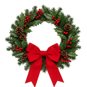 手工制作的节日圣诞花环，有茂密的绿色枝叶和红色浆果，非常适合节日装饰。以白色或透明背景隔离呈现，PNG格式。