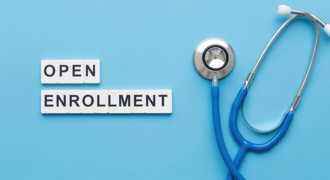 蓝色背景上带有听诊器的开放注册公告，面向医疗服务提供者及患者信息