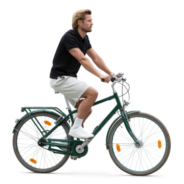 帅气男子骑单车，置于透明和白色背景中，侧视图。