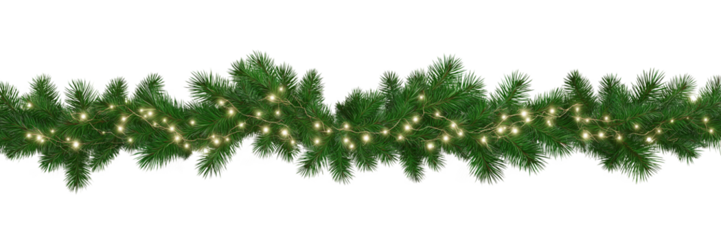 透明背景上带针叶树枝和花环的无缝装饰性圣诞边框，抠图