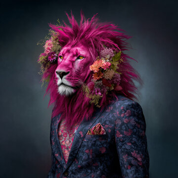 A pastel pink lion king dressed in a blue floral suit, standing proudly and posing. An abstract portrait of a wild animal with a  pink hairstyle.