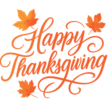 充满活力的'感恩节快乐'文字，采用流畅的橙色书法字体，饰有精致的秋叶。文字排列优雅，营造出一种；