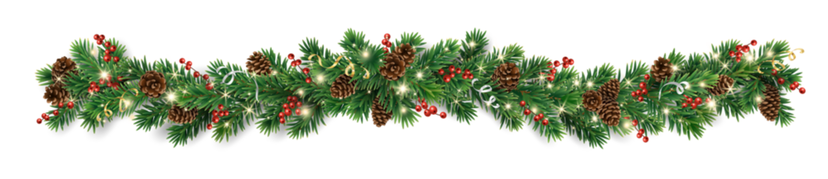 带有松果、冷杉树枝、冬青果、发光灯串和丝带的水平圣诞花环。非常适合用于节日横幅、贺卡和派对海报。矢量文件，背景透明。