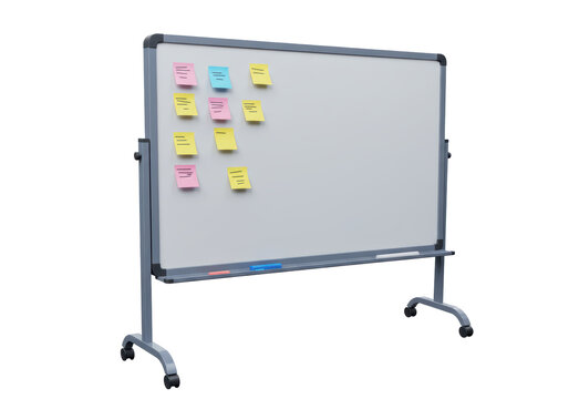 办公室里带滚轮支架的独立白板上贴着五颜六色的便签，用于头脑风暴会议。
