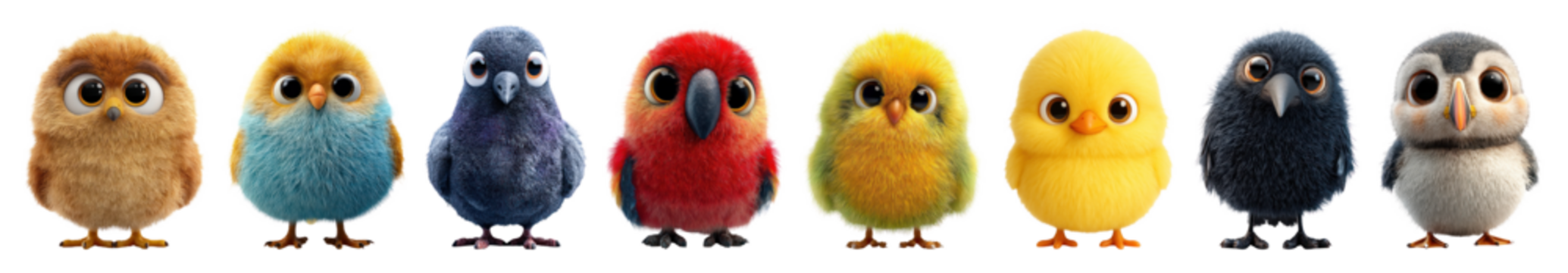 PNG格式的色彩缤纷、毛茸茸的卡通鸟类元素集，透明背景