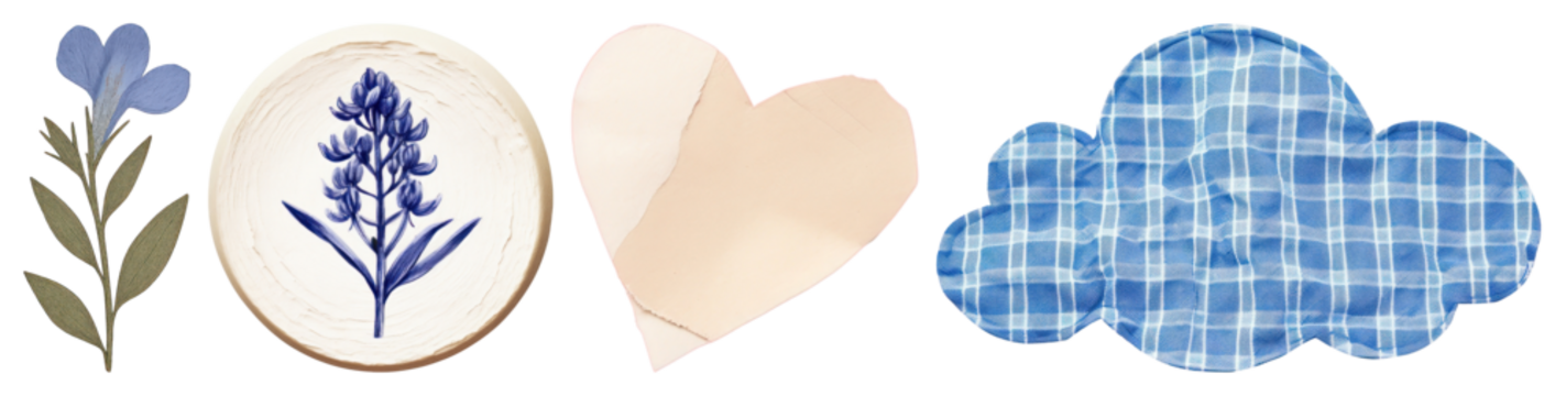 PNG花卉心形云朵拼贴画，透明背景元素集