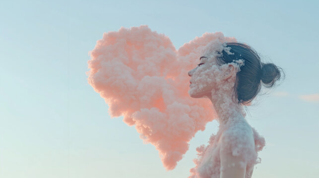 翻译标题：一位美丽的女孩站在一朵心形云朵旁，憧憬着爱情。