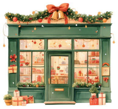 带有装饰插画的PNG格式圣诞店面橱窗