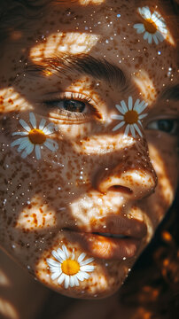 A girl with freckles on her face, where the shadows of white daisies fall, looks gentle and enchanting.