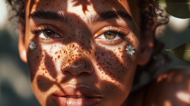 一个脸上有雀斑的女孩，在白色雏菊的阴影洒落之处，看上去温柔迷人。