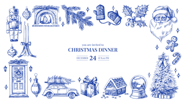 Christmas invitation card with hand drawn holiday elements. Festive mood, elegant vintage style frame design. Vector sketch illustration.