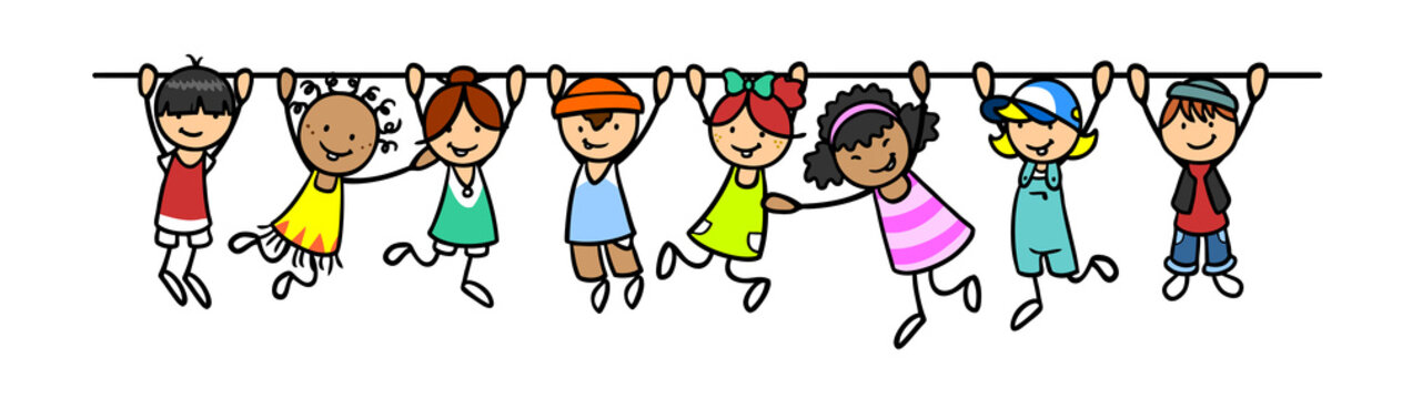 幼儿园卡通儿童小组挂在绳子上作为框架