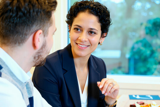 年轻的白人女性在办公室环境中微笑着与年轻的白人男性交谈，两人都坐在靠窗的桌子旁，女性正进行眼神交流。