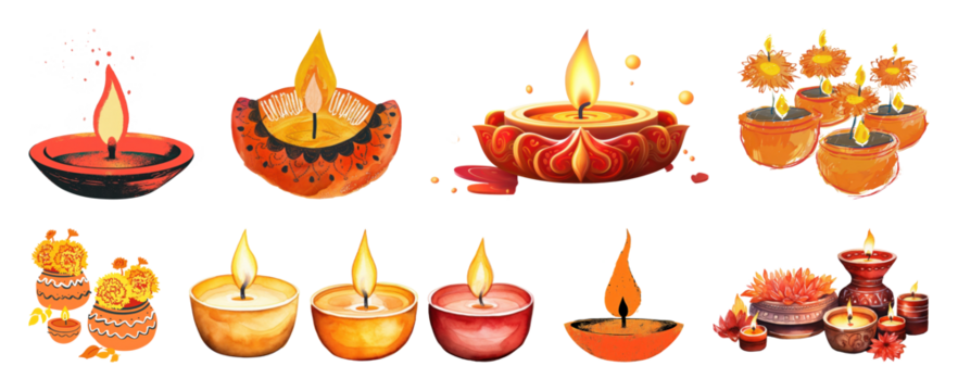 PNG格式多彩节日排灯节油灯系列，透明背景元素集
