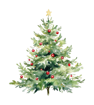 一张装饰精美的淡绿色水彩圣诞树画，充满节日氛围。