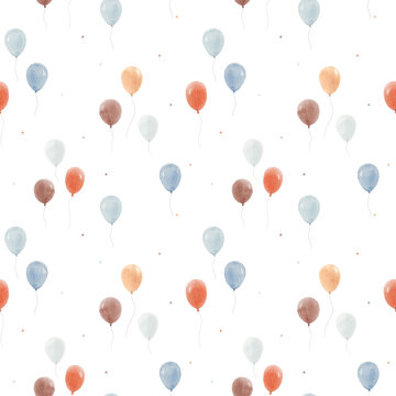 柔和色彩的无缝水彩气球图案。用于托儿所壁纸、儿童装饰、织物、包装纸及派对的可爱手绘设计